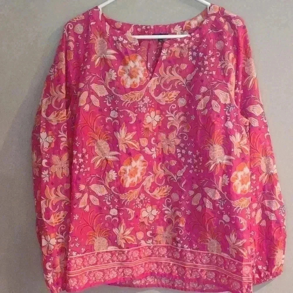 Talbots pink/orange flower print long sleeve lightweight top‎ women's large